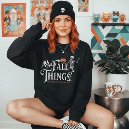 Fall Things Halloween Sweatshirt — "All the Fall Things" Skeleton Pumpkin Crewneck - Starry Skies Austin