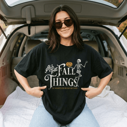 Fall Things Skeleton T-Shirt — 'All The Fall Things' Pumpkin Halloween Tee - Starry Skies Austin