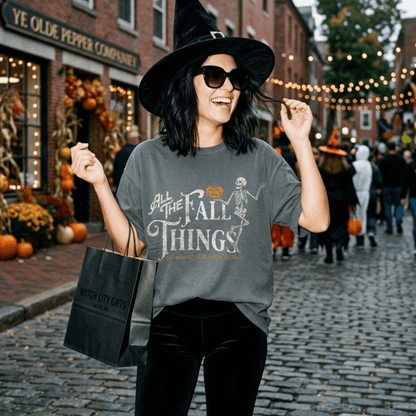 Fall Things Skeleton T-Shirt — 'All The Fall Things' Pumpkin Halloween Tee - Starry Skies Austin