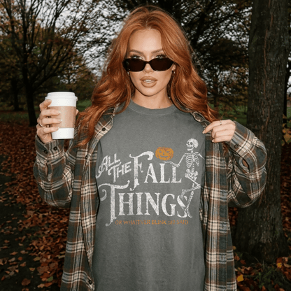 Fall Things Skeleton T-Shirt — 'All The Fall Things' Pumpkin Halloween Tee - Starry Skies Austin