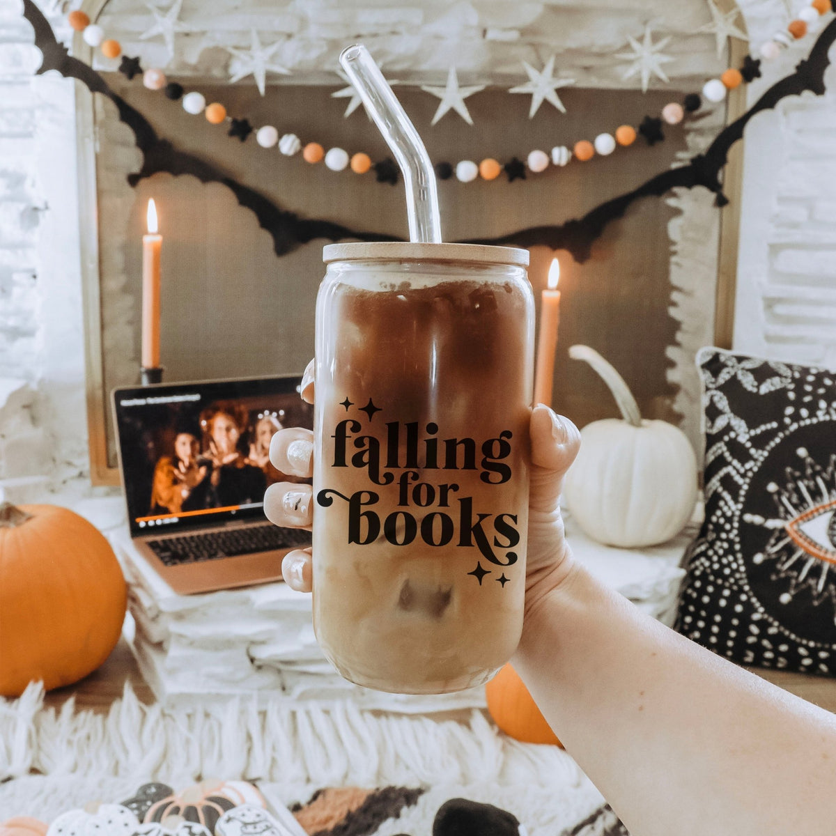Falling For Books Clear Glass Cup with Bamboo Lid & Straw - Starry Skies Austin