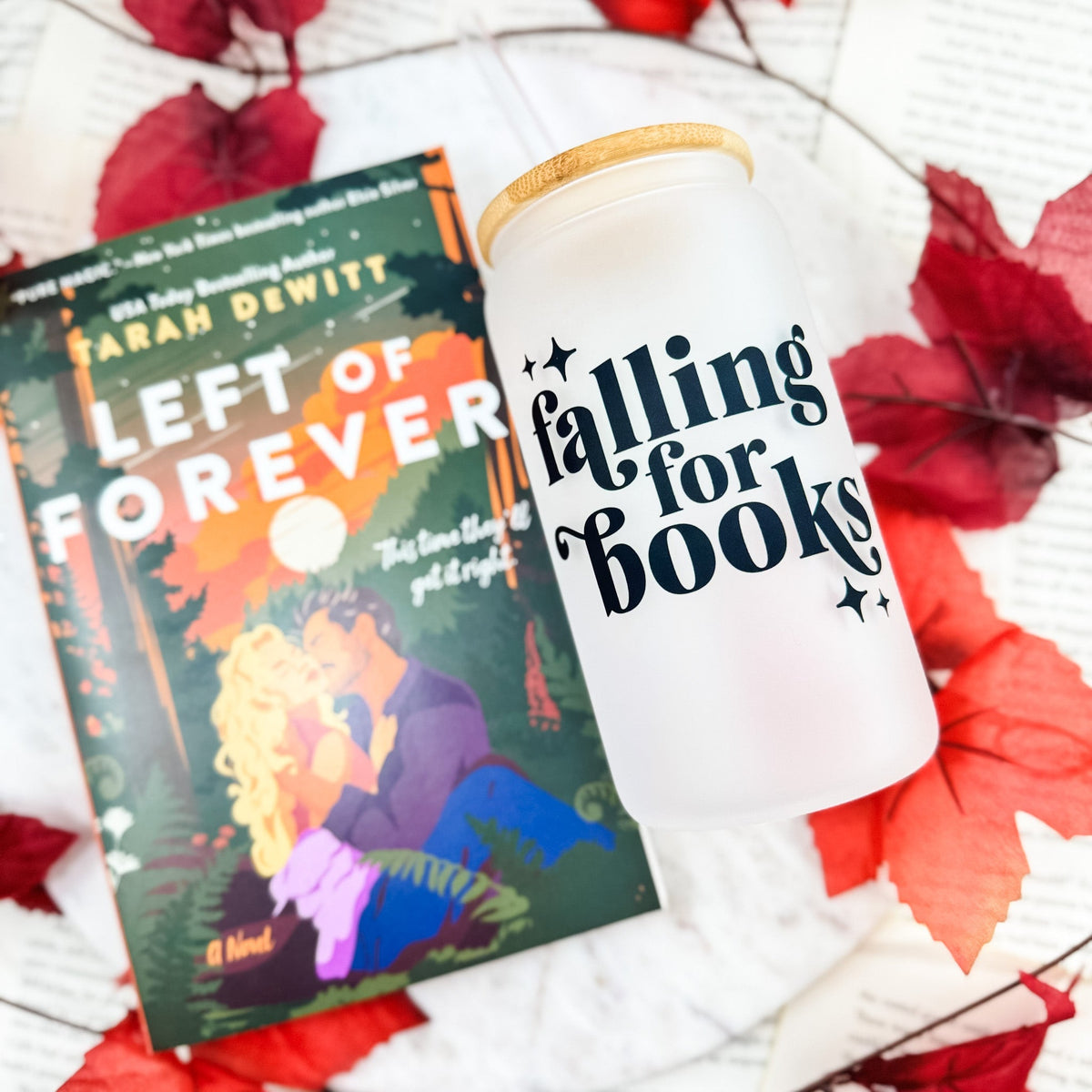 Falling For Books Frosted Glass Cup with Bamboo Lid & Straw - Starry Skies Austin