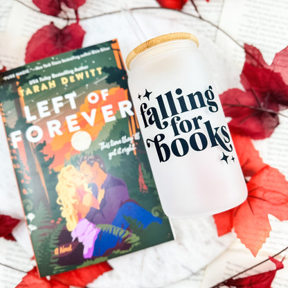 Falling For Books Frosted Glass Cup with Bamboo Lid & Straw - Starry Skies Austin