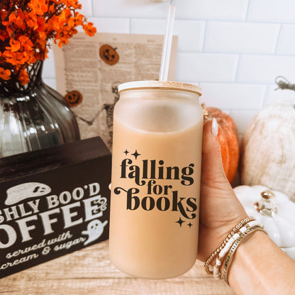 Falling For Books Frosted Glass Cup with Bamboo Lid & Straw - Starry Skies Austin