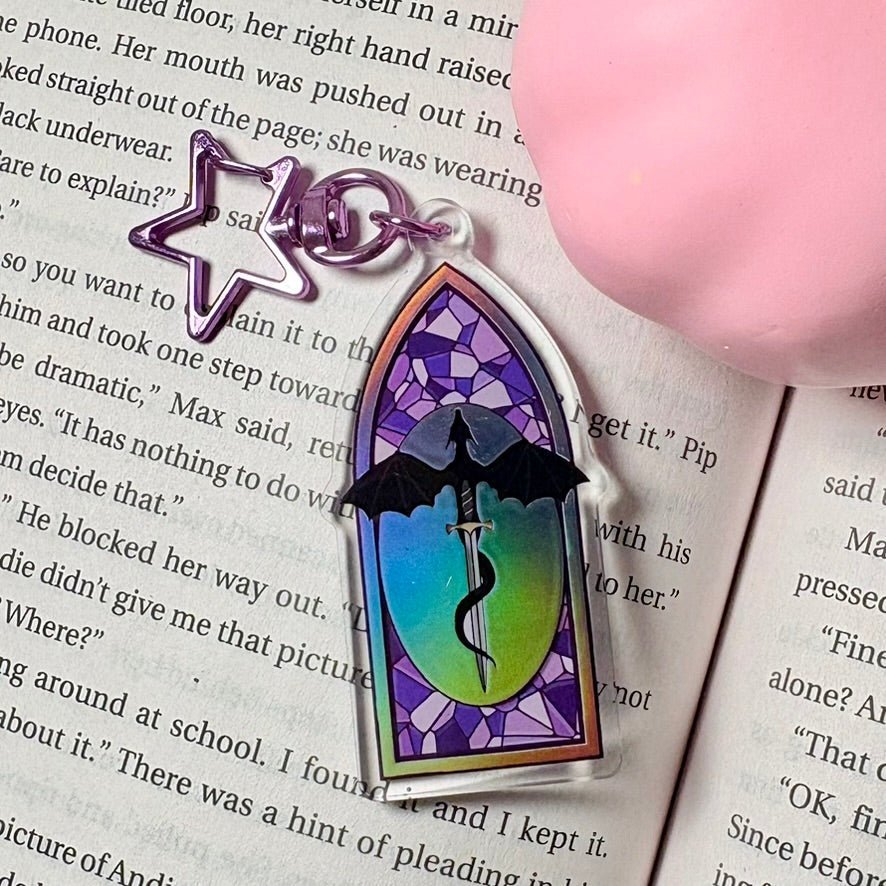 Fantasy Dragon Holographic Keychain – Stained Glass Inspired Window Design - Starry Skies Austin