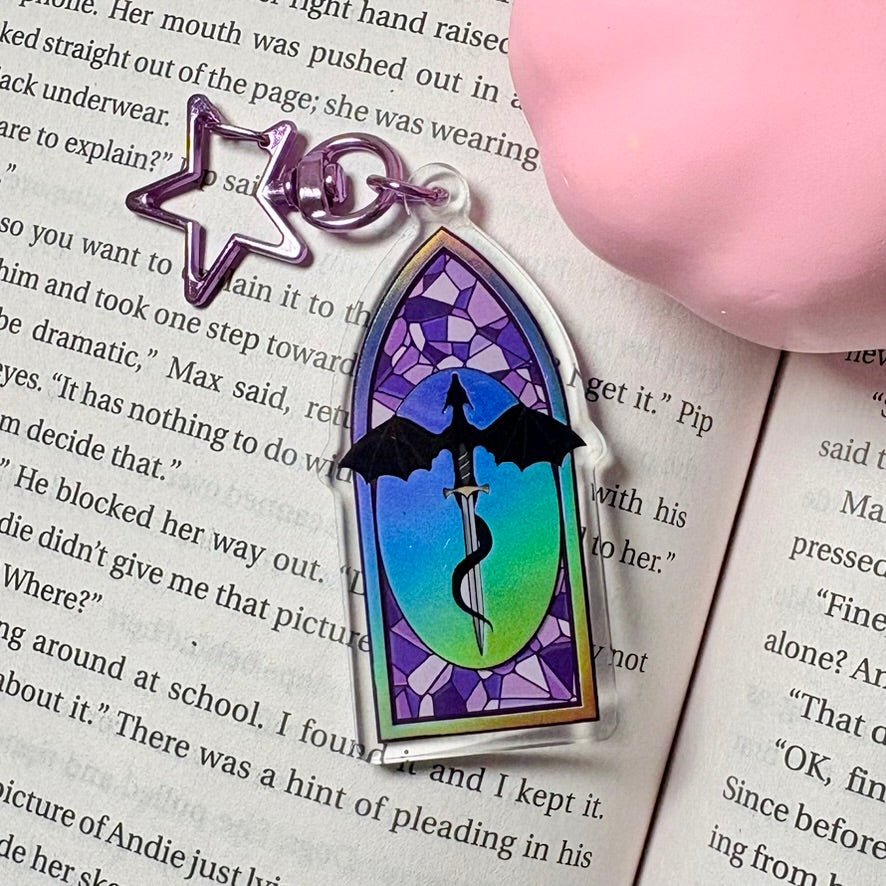 Fantasy Dragon Holographic Keychain – Stained Glass Inspired Window Design - Starry Skies Austin