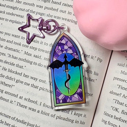 Fantasy Dragon Holographic Keychain – Stained Glass Inspired Window Design - Starry Skies Austin