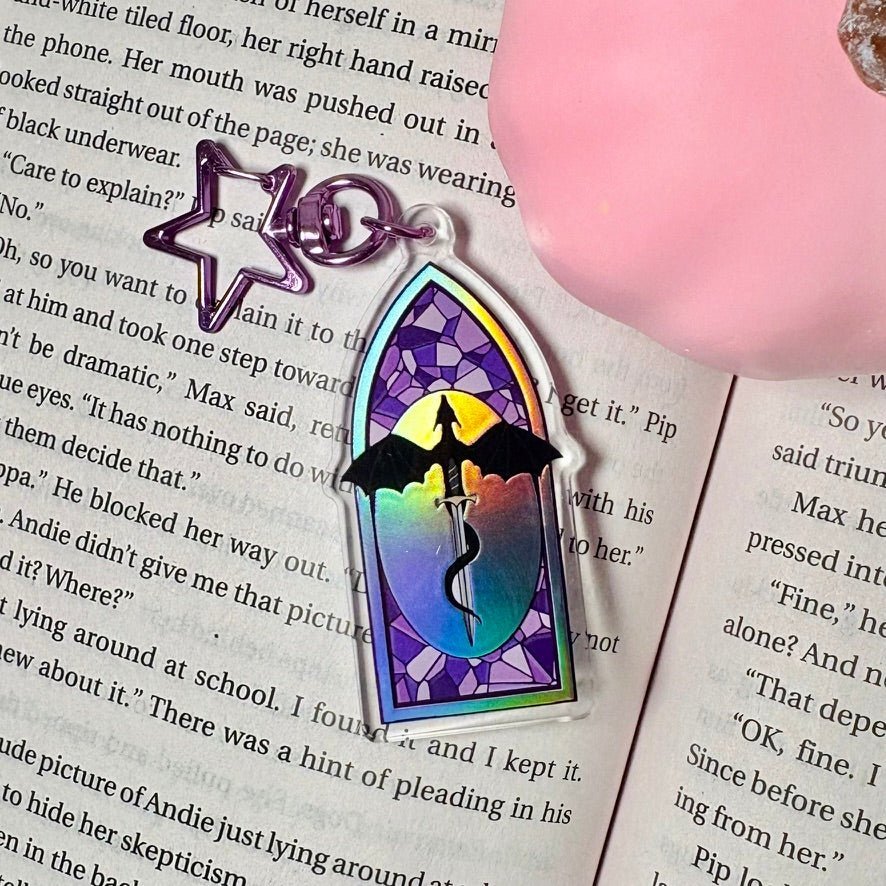 Fantasy Dragon Holographic Keychain – Stained Glass Inspired Window Design - Starry Skies Austin