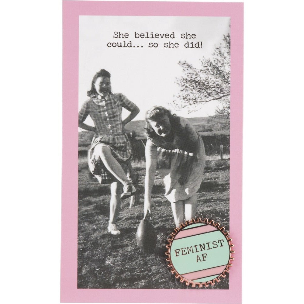 Feminist AF Pink and Green Stripes Enamel Pin on Gift Card - Starry Skies Austin