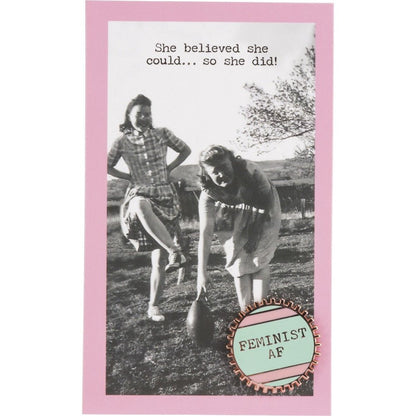 Feminist AF Pink and Green Stripes Enamel Pin on Gift Card - Starry Skies Austin
