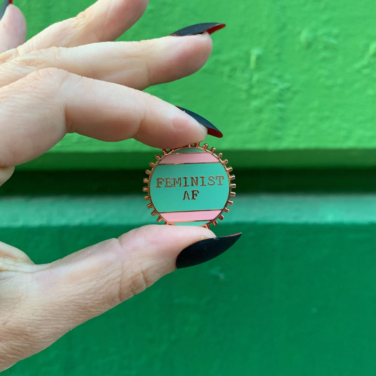 Feminist AF Pink and Green Stripes Enamel Pin on Gift Card - Starry Skies Austin