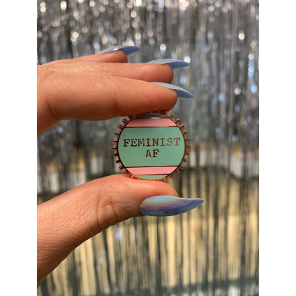 Feminist AF Pink and Green Stripes Enamel Pin on Gift Card - Starry Skies Austin