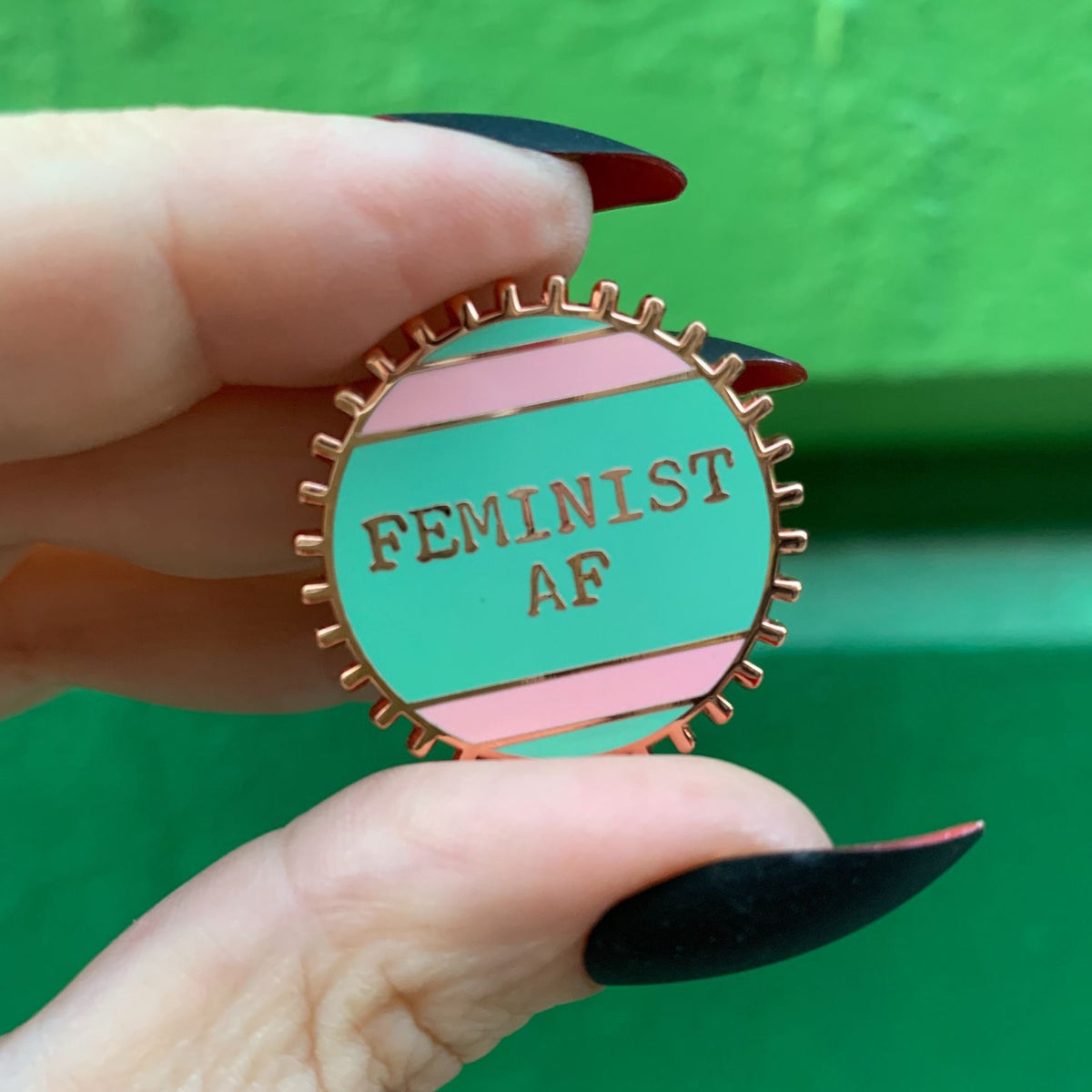 Feminist AF Pink and Green Stripes Enamel Pin on Gift Card - Starry Skies Austin