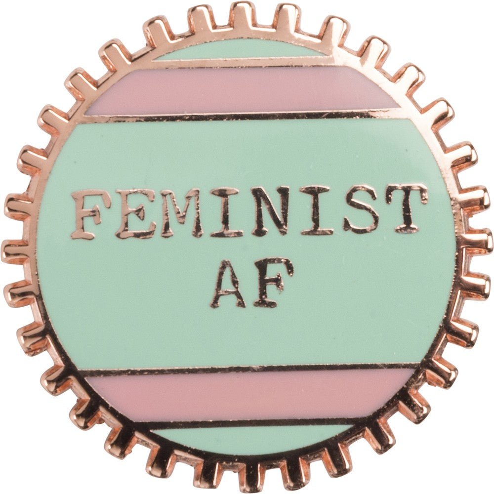 Feminist AF Pink and Green Stripes Enamel Pin on Gift Card - Starry Skies Austin