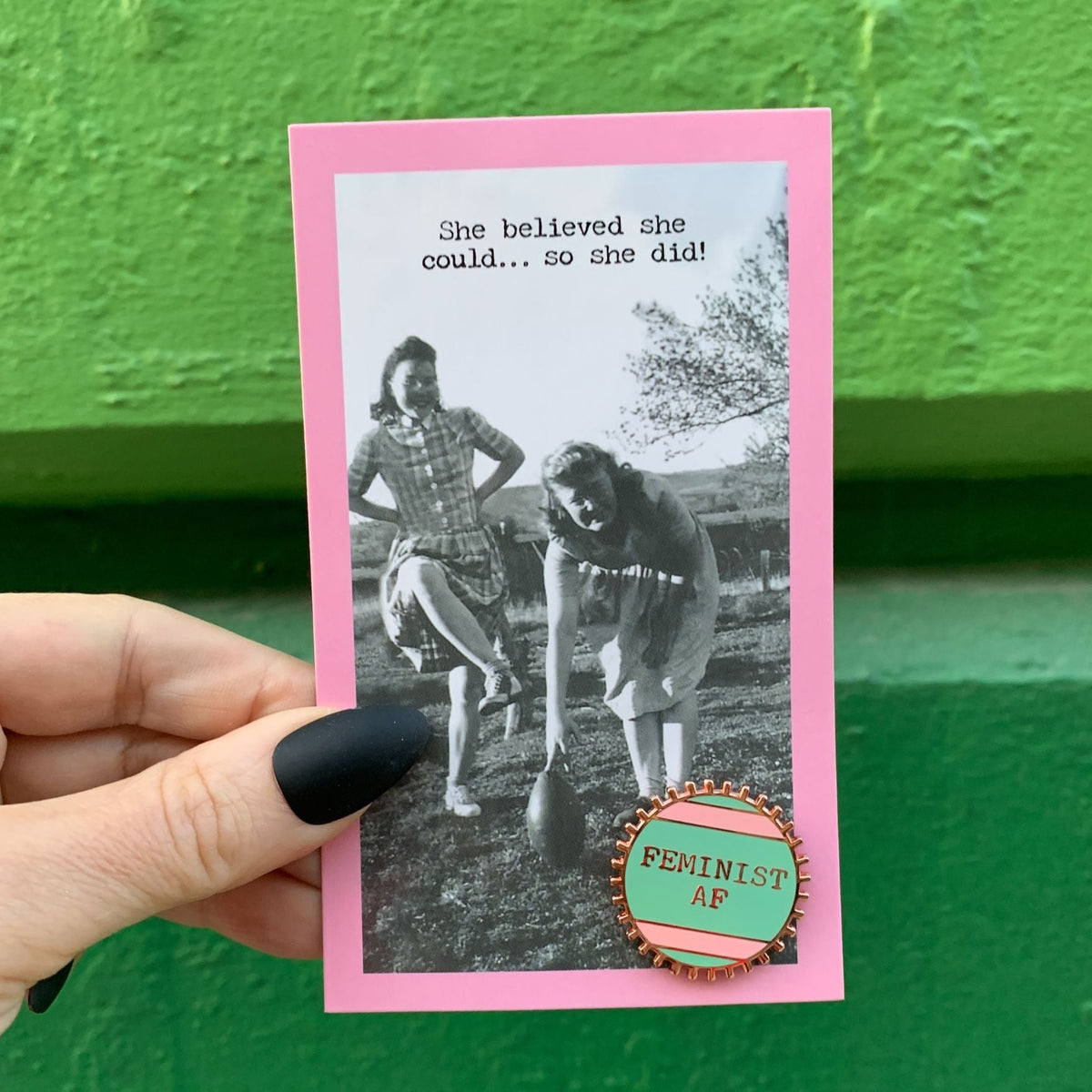Feminist AF Pink and Green Stripes Enamel Pin on Gift Card - Starry Skies Austin