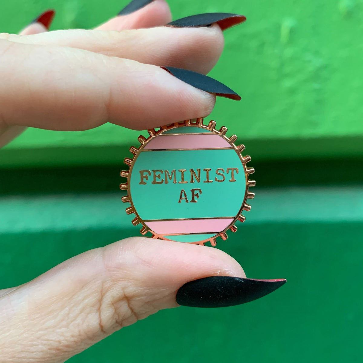 Feminist AF Pink and Green Stripes Enamel Pin on Gift Card - Starry Skies Austin