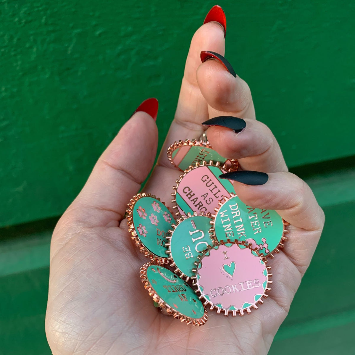 Feminist AF Pink and Green Stripes Enamel Pin on Gift Card - Starry Skies Austin