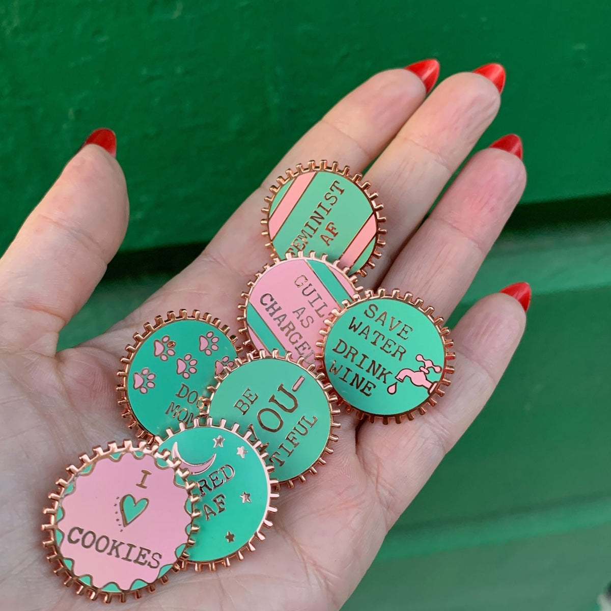 Feminist AF Pink and Green Stripes Enamel Pin on Gift Card - Starry Skies Austin