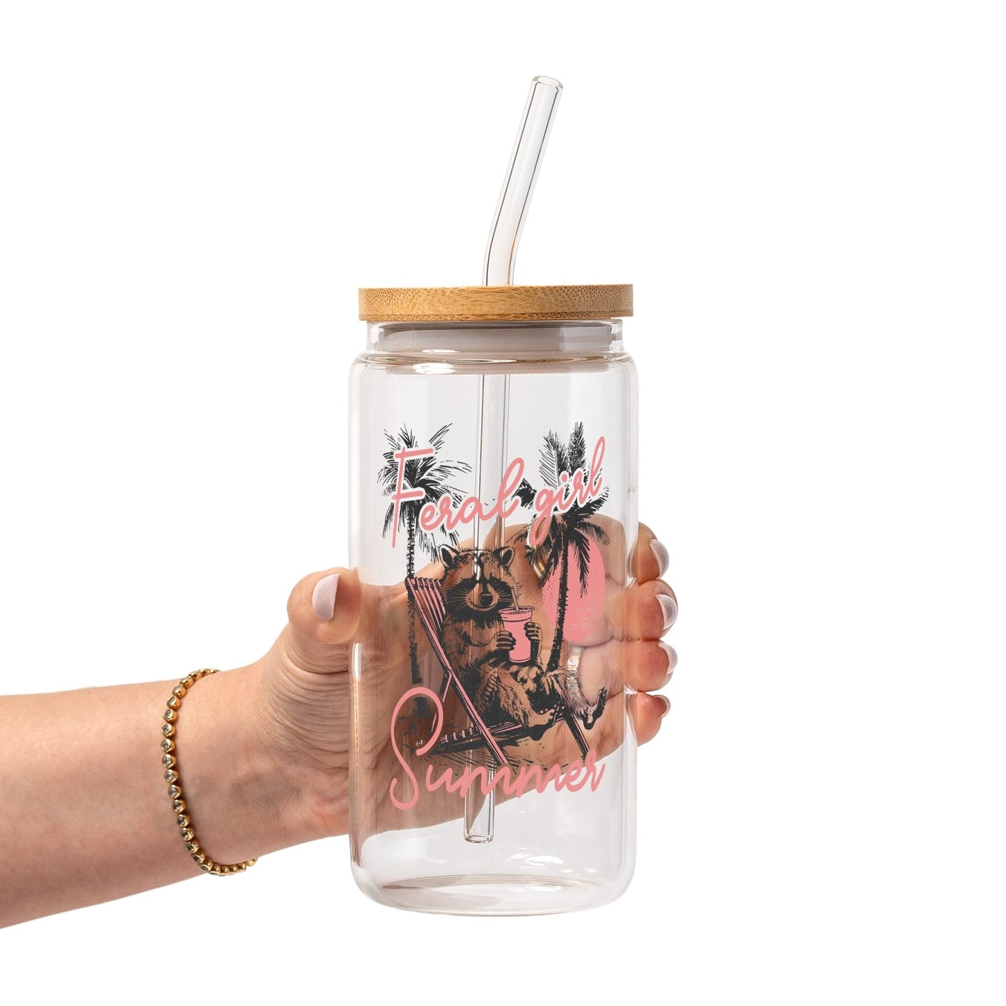 Feral Girl Summer Raccoon Glass Cup, Mug & Tumbler with Lid and Straw - Starry Skies Austin