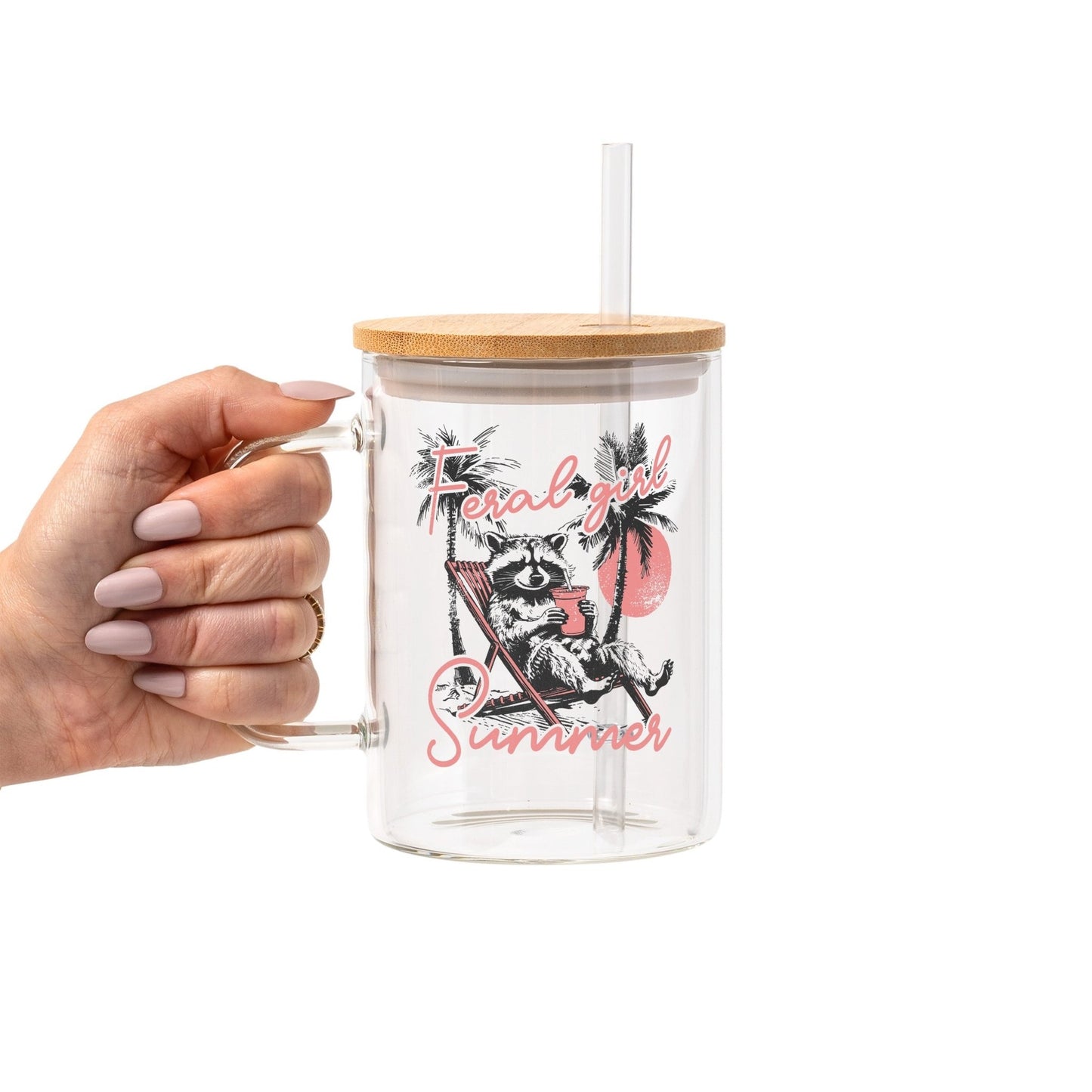 Feral Girl Summer Raccoon Glass Cup, Mug & Tumbler with Lid and Straw - Starry Skies Austin