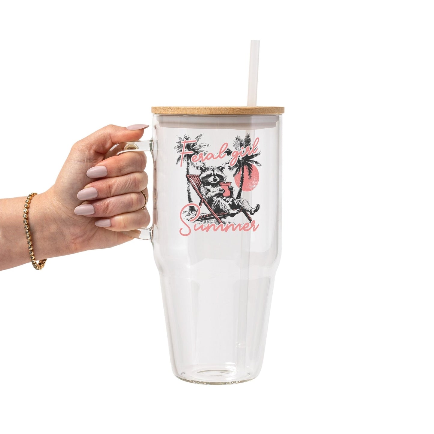 Feral Girl Summer Raccoon Glass Cup, Mug & Tumbler with Lid and Straw - Starry Skies Austin