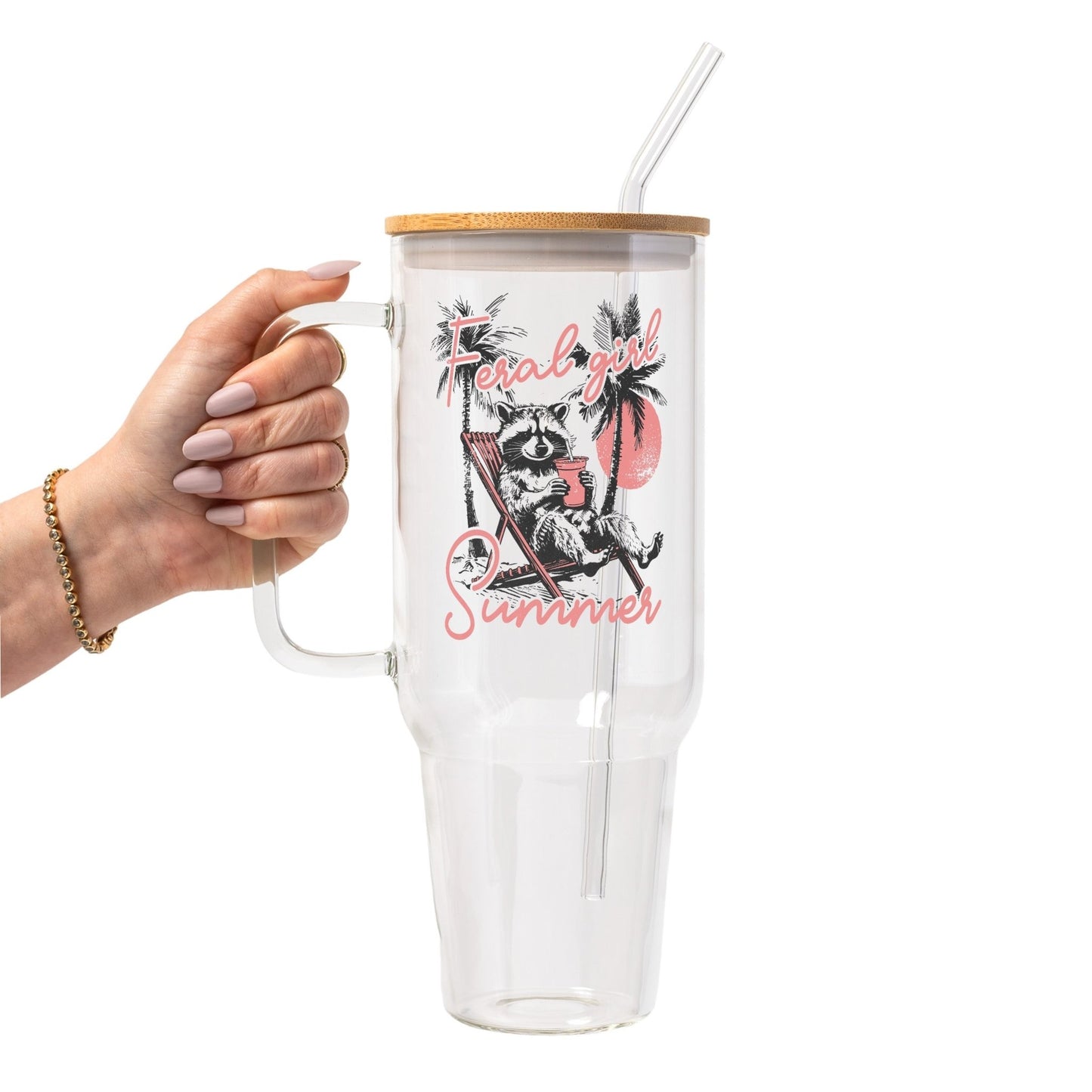 Feral Girl Summer Raccoon Glass Cup, Mug & Tumbler with Lid and Straw - Starry Skies Austin