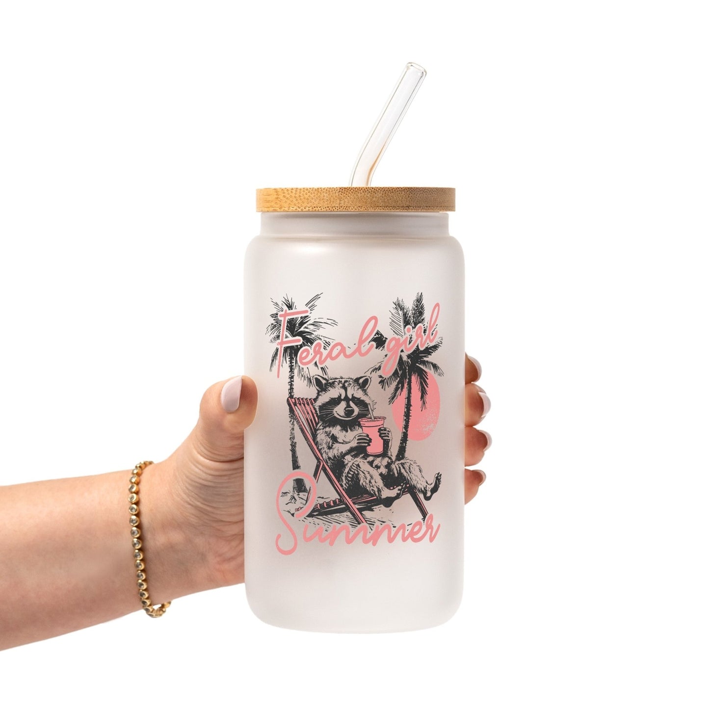 Feral Girl Summer Raccoon Glass Cup, Mug & Tumbler with Lid and Straw - Starry Skies Austin