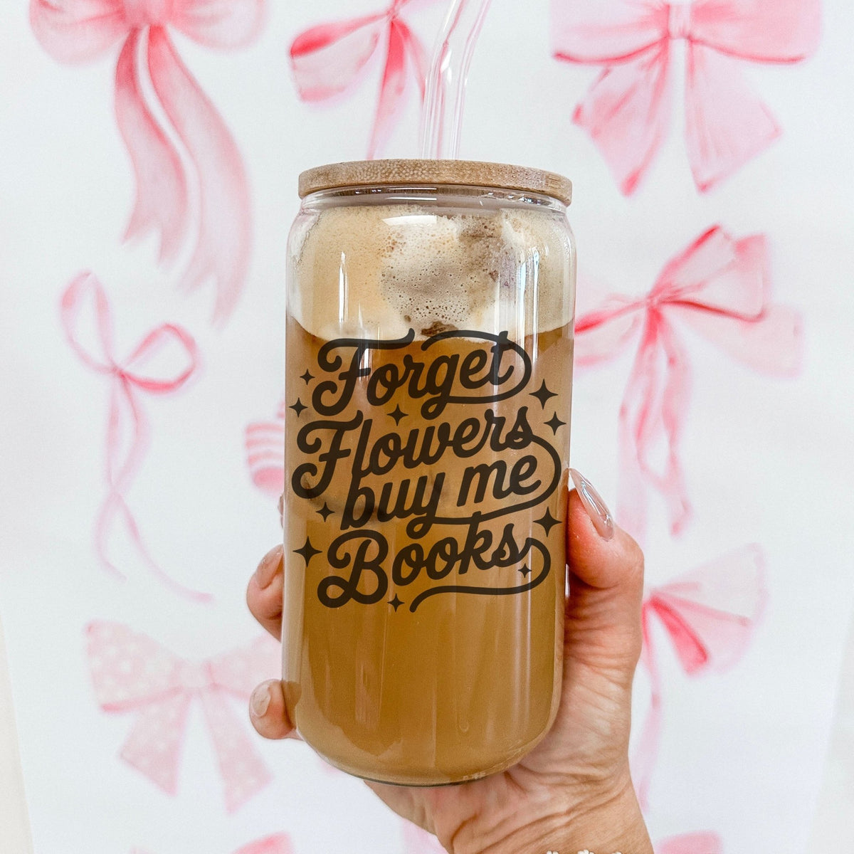 Forget Flowers Buy Me Books Clear Glass Cup with Bamboo Lid & Straw - Starry Skies Austin