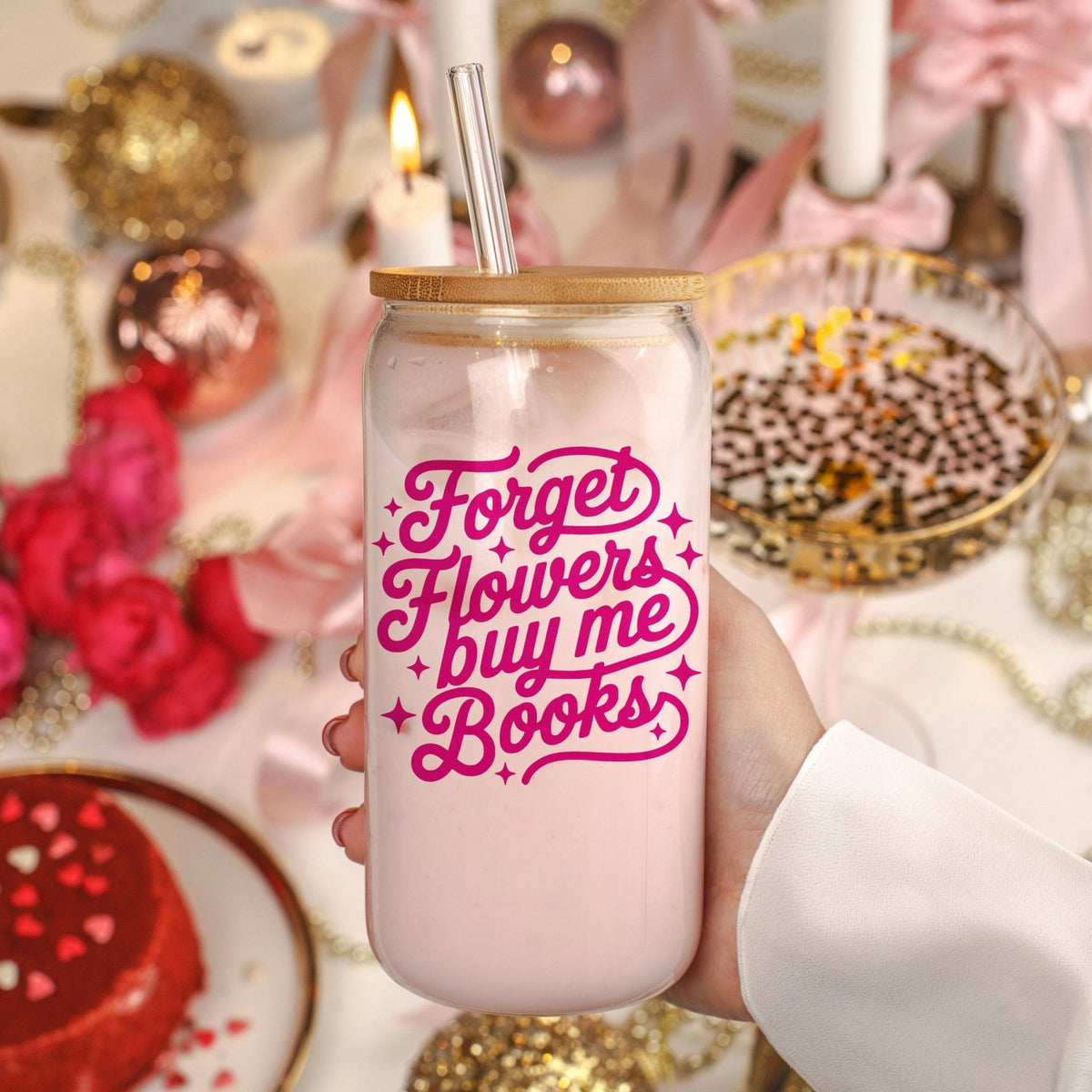 Forget Flowers Buy Me Books Clear Glass Cup with Bamboo Lid & Straw - Starry Skies Austin