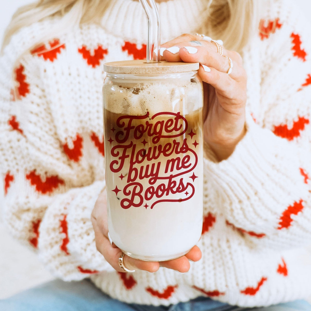 Forget Flowers Buy Me Books Clear Glass Cup with Bamboo Lid & Straw - Starry Skies Austin