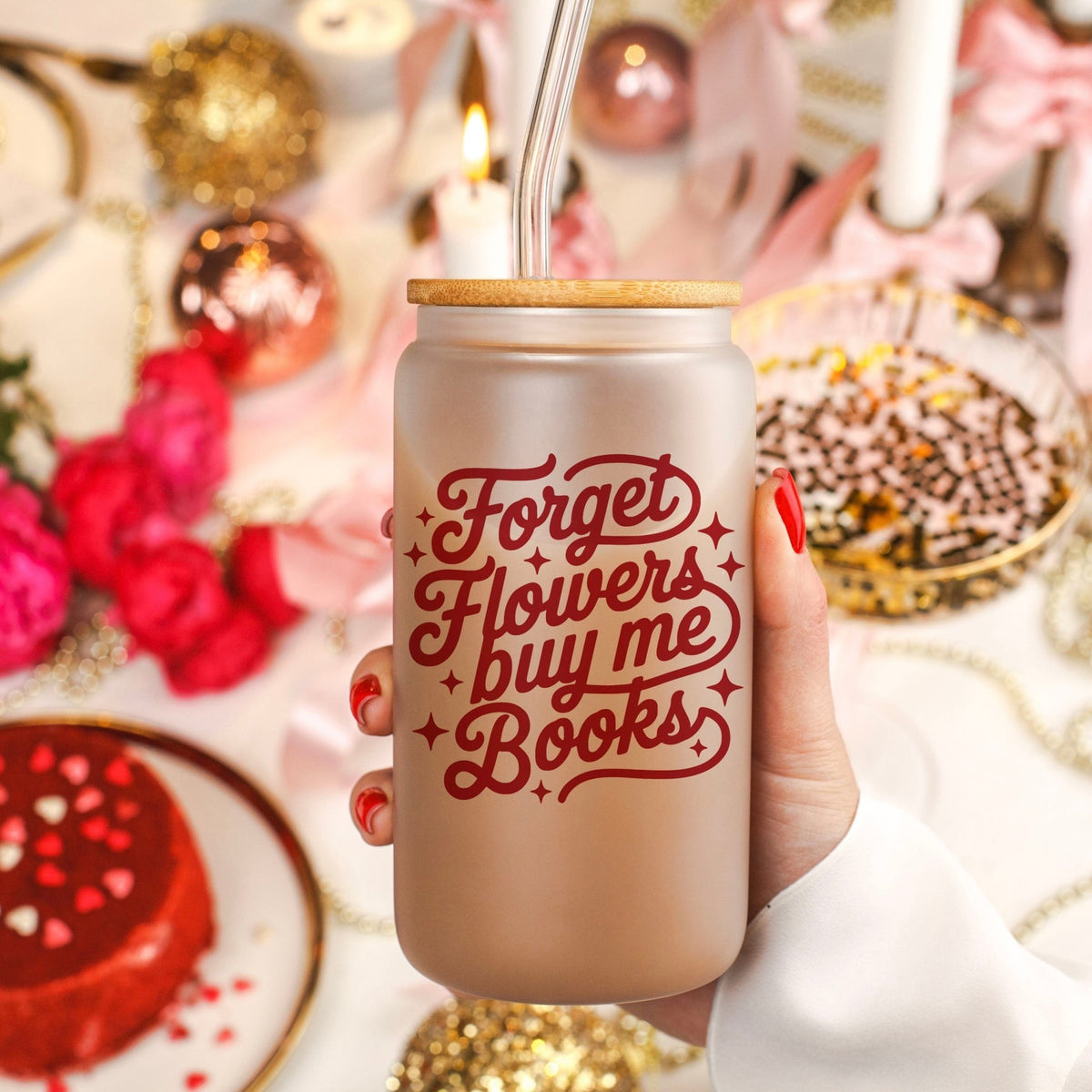Forget Flowers Buy Me Books Frosted Glass Cup with Bamboo Lid & Straw - Starry Skies Austin