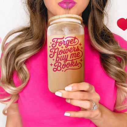 Forget Flowers Buy Me Books Frosted Glass Cup with Bamboo Lid & Straw - Starry Skies Austin