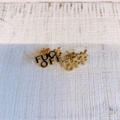 FUCK OFF Text Goldtone Stud Earrings - Starry Skies Austin