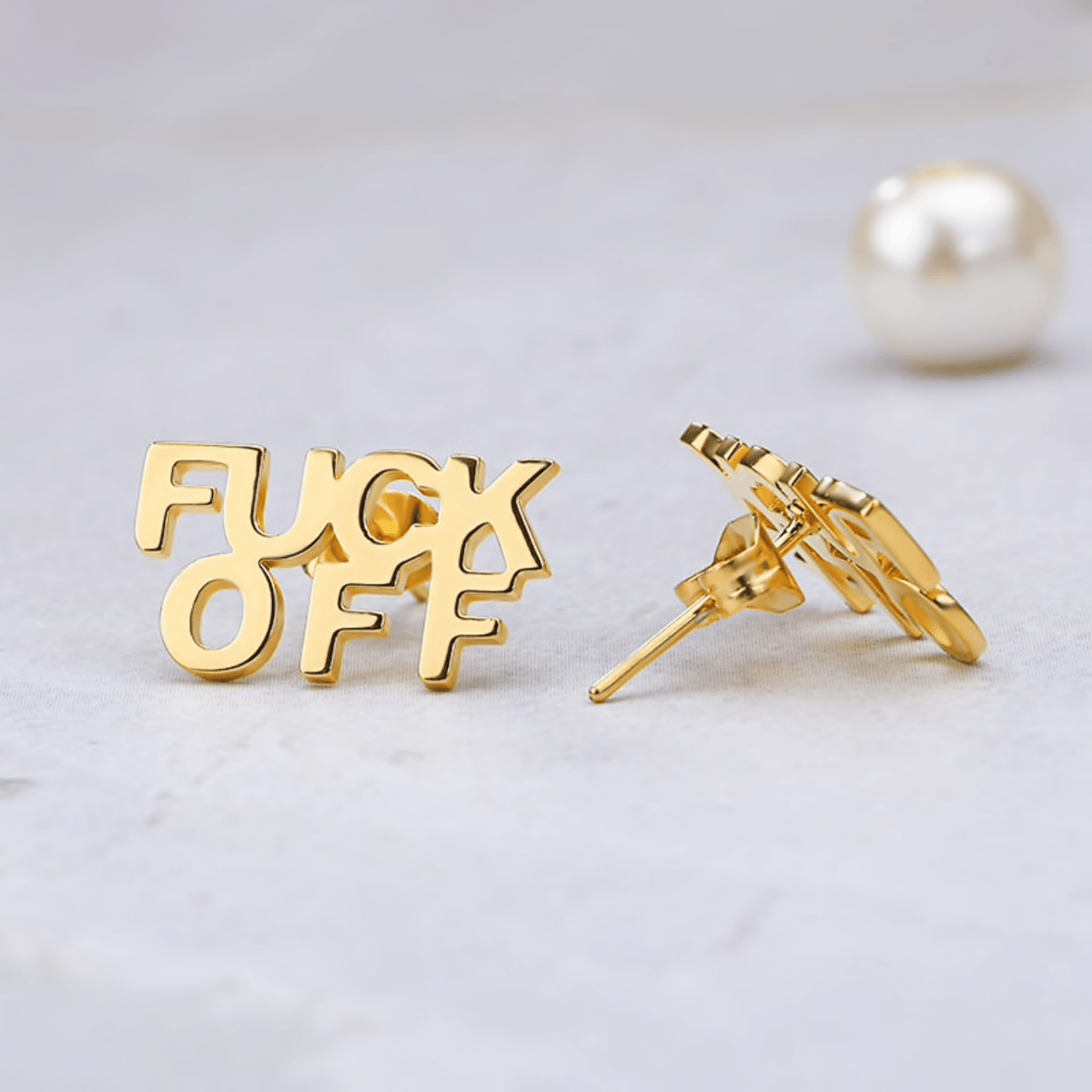 FUCK OFF Text Goldtone Stud Earrings - Starry Skies Austin