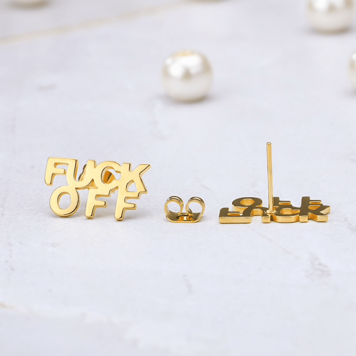 FUCK OFF Text Goldtone Stud Earrings - Starry Skies Austin