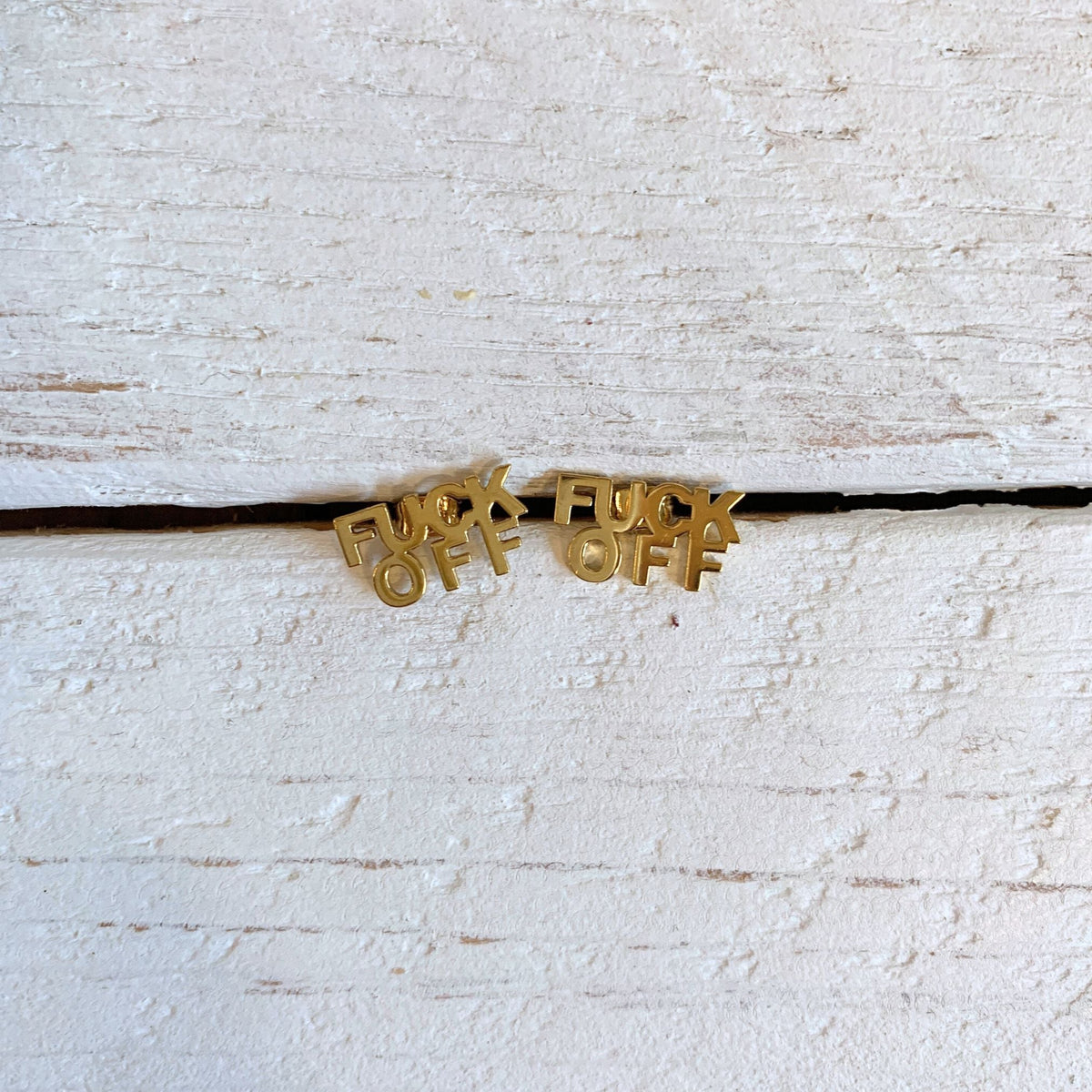 FUCK OFF Text Goldtone Stud Earrings - Starry Skies Austin