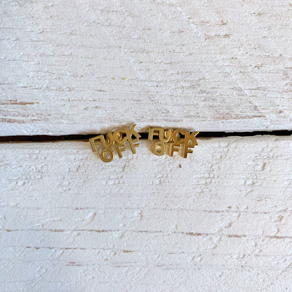 FUCK OFF Text Goldtone Stud Earrings - Starry Skies Austin