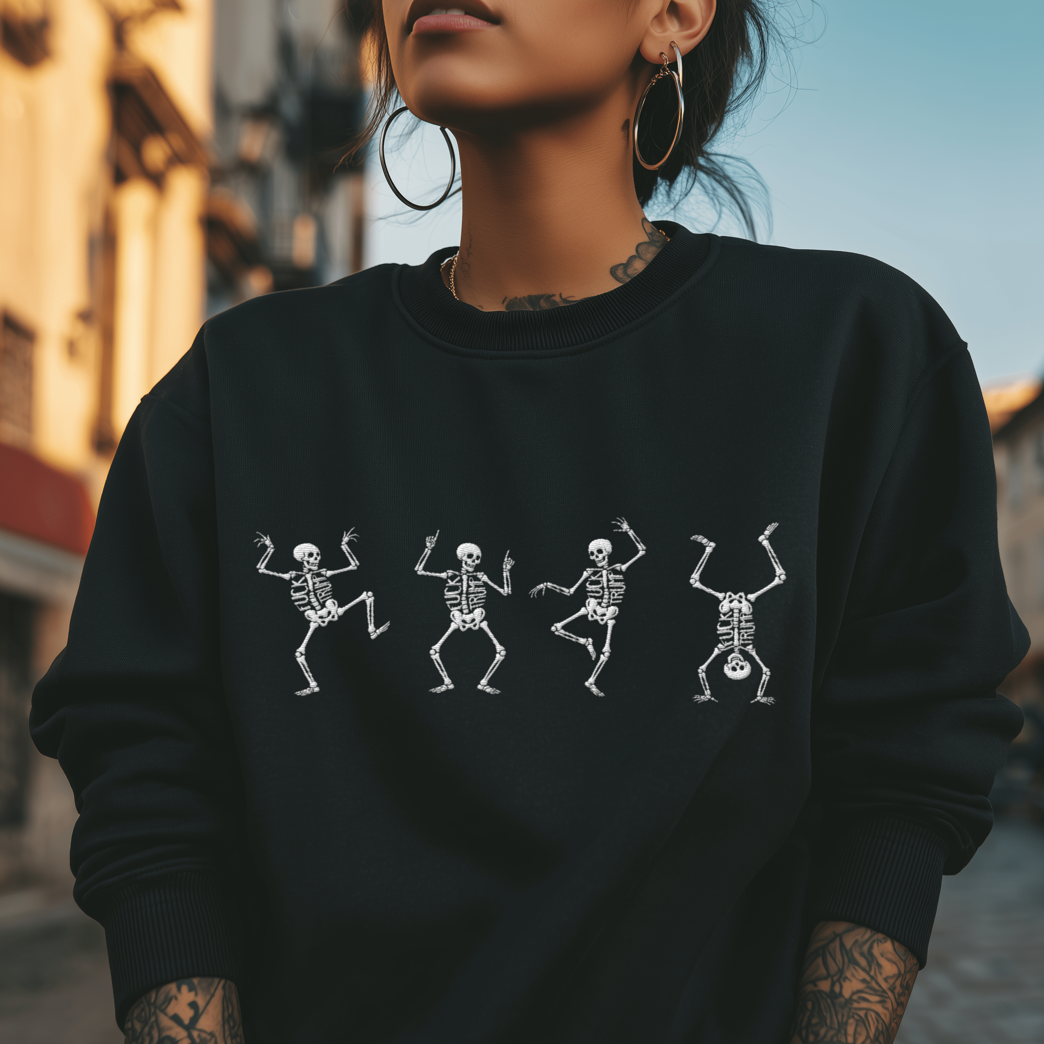Fuck Trump Dancing Skeleton Sweatshirt - Starry Skies Austin