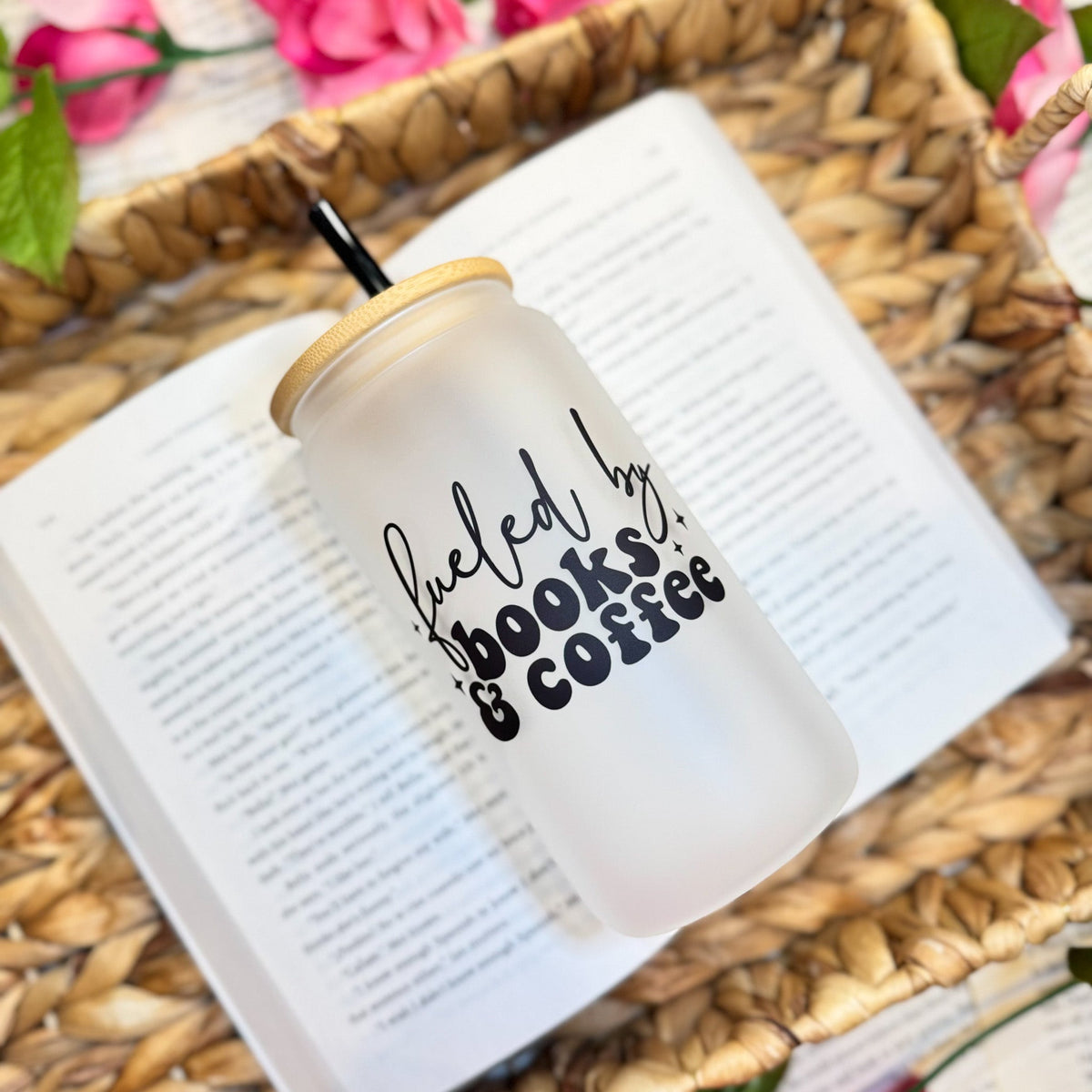 Fueled by Books and Coffee Frosted Glass Cup with Bamboo Lid & Straw - Starry Skies Austin