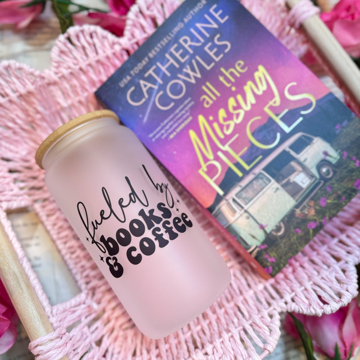 Fueled by Books and Coffee Frosted Glass Cup with Bamboo Lid & Straw - Starry Skies Austin