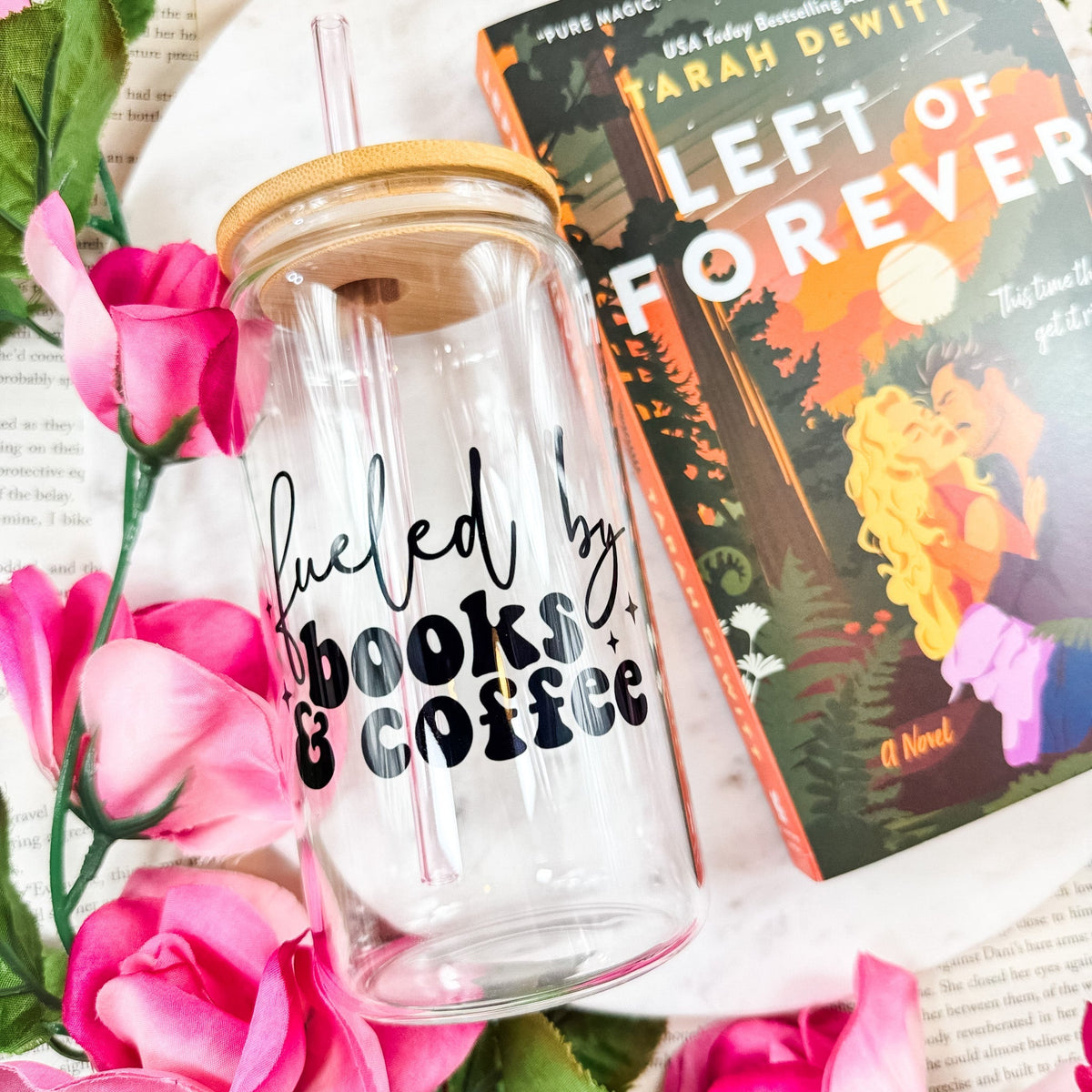 Fueled By Books & Coffee Clear Glass Cup with Bamboo Lid & Straw - Starry Skies Austin