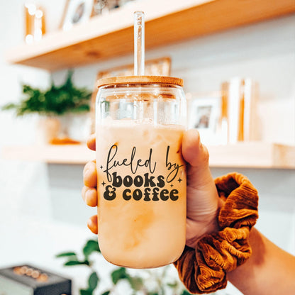 Fueled By Books & Coffee Clear Glass Cup with Bamboo Lid & Straw - Starry Skies Austin