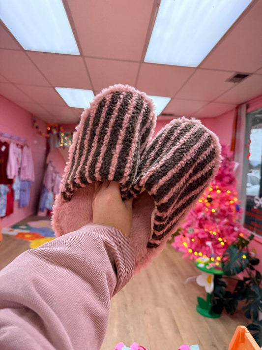 Fuzzy Striped Pink and Brown Slippers - Starry Skies Austin
