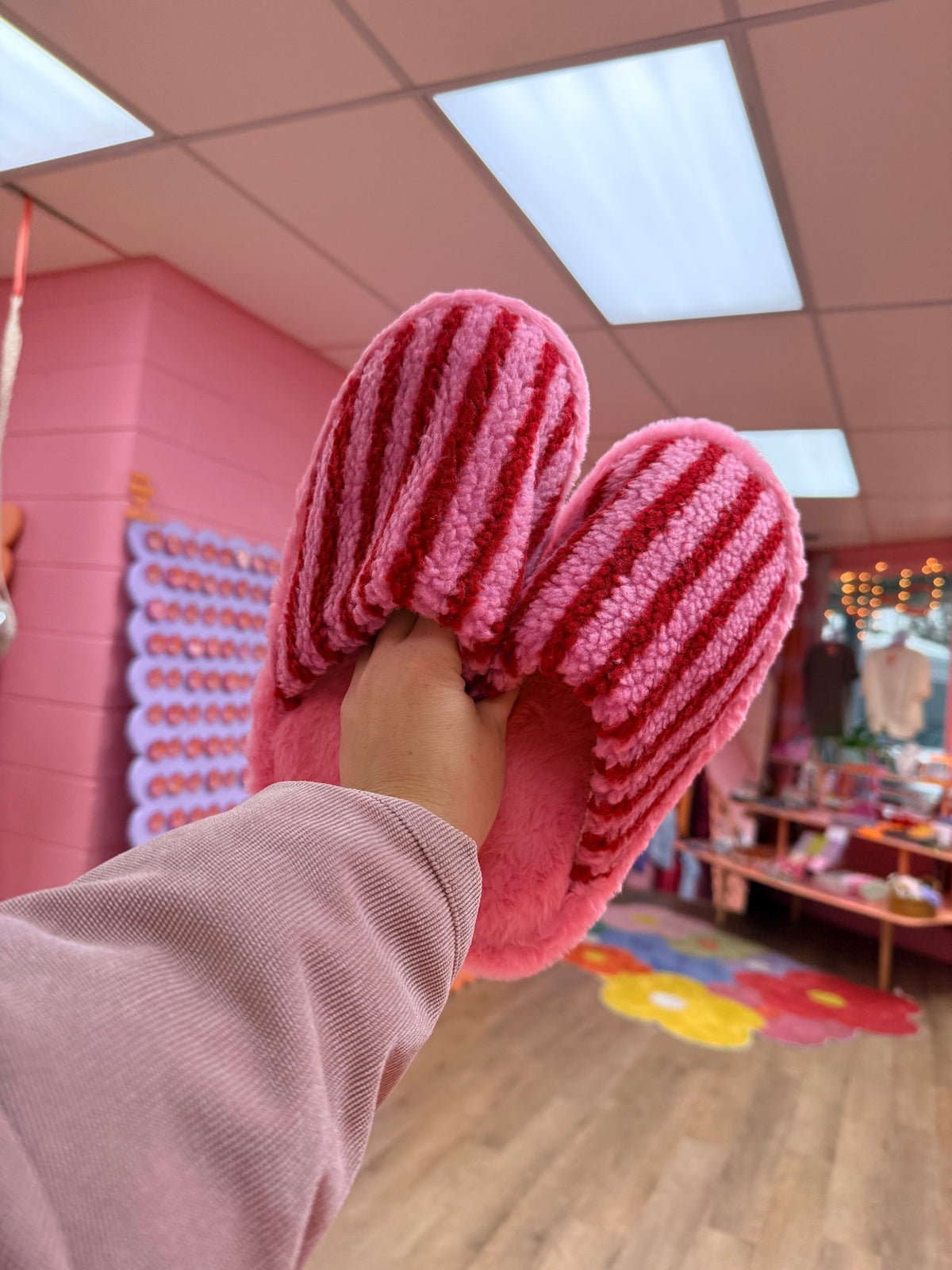 Fuzzy Striped Pink and Red Slippers - Starry Skies Austin