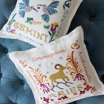 Gemini Astrology Hand-Embroidered Pillow by Cat Studio - Starry Skies Austin