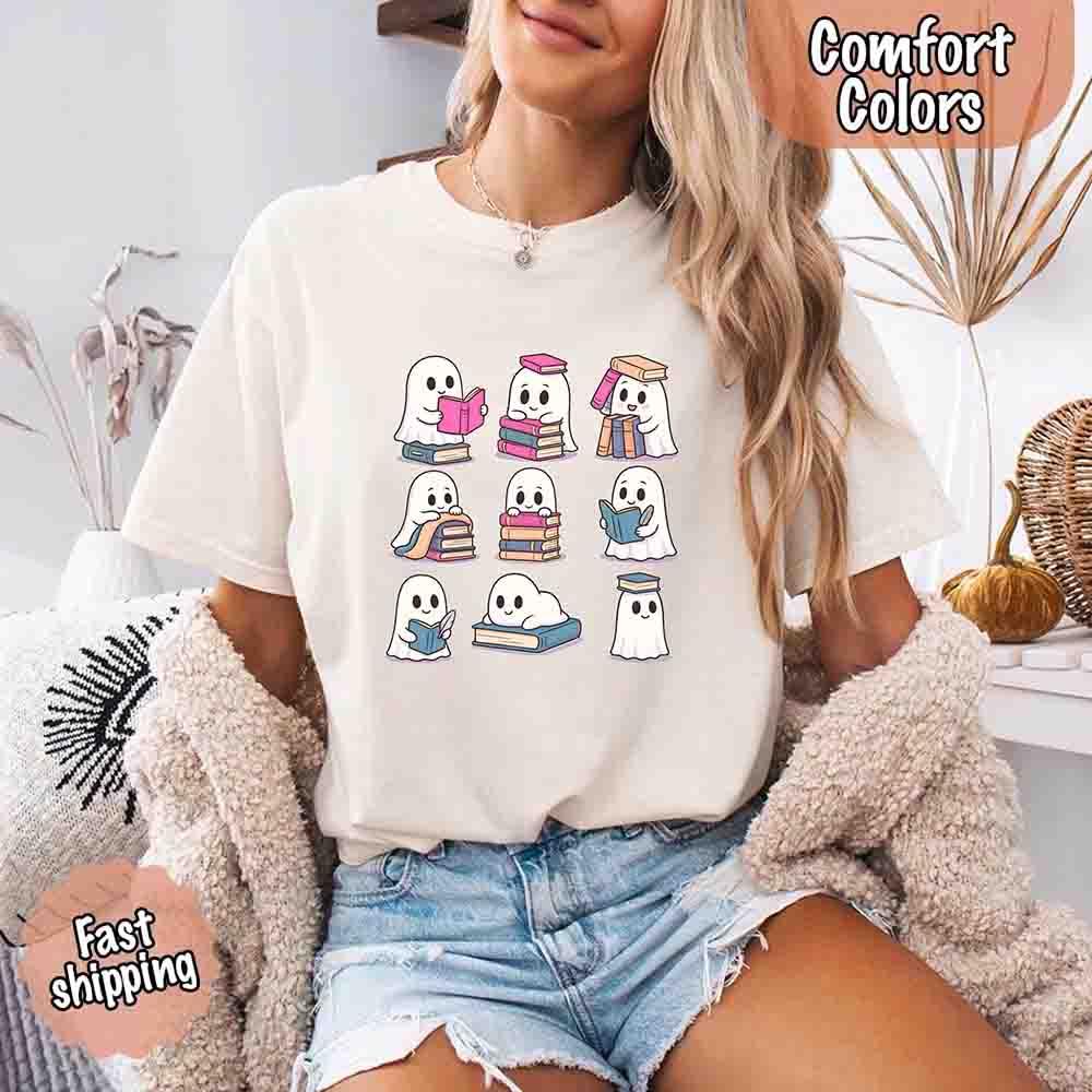 Ghost Reading Comfort Colors Shirt – Spooky Book Lover Halloween Tee - Starry Skies Austin