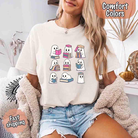 Ghost Reading Comfort Colors Shirt – Spooky Book Lover Halloween Tee - Starry Skies Austin