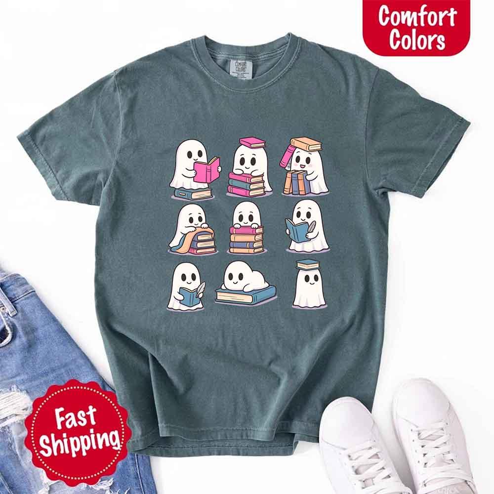 Ghost Reading Comfort Colors Shirt – Spooky Book Lover Halloween Tee - Starry Skies Austin