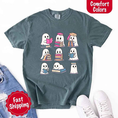 Ghost Reading Comfort Colors Shirt – Spooky Book Lover Halloween Tee - Starry Skies Austin