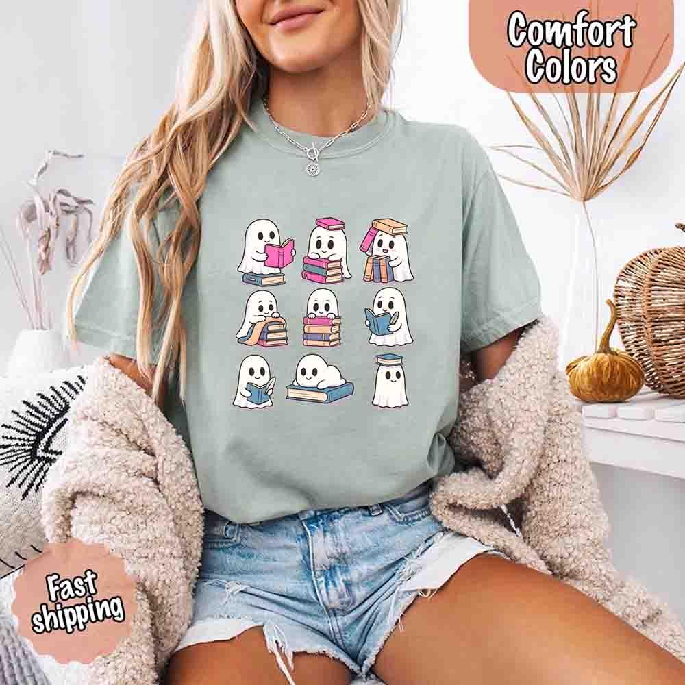 Ghost Reading Comfort Colors Shirt – Spooky Book Lover Halloween Tee - Starry Skies Austin